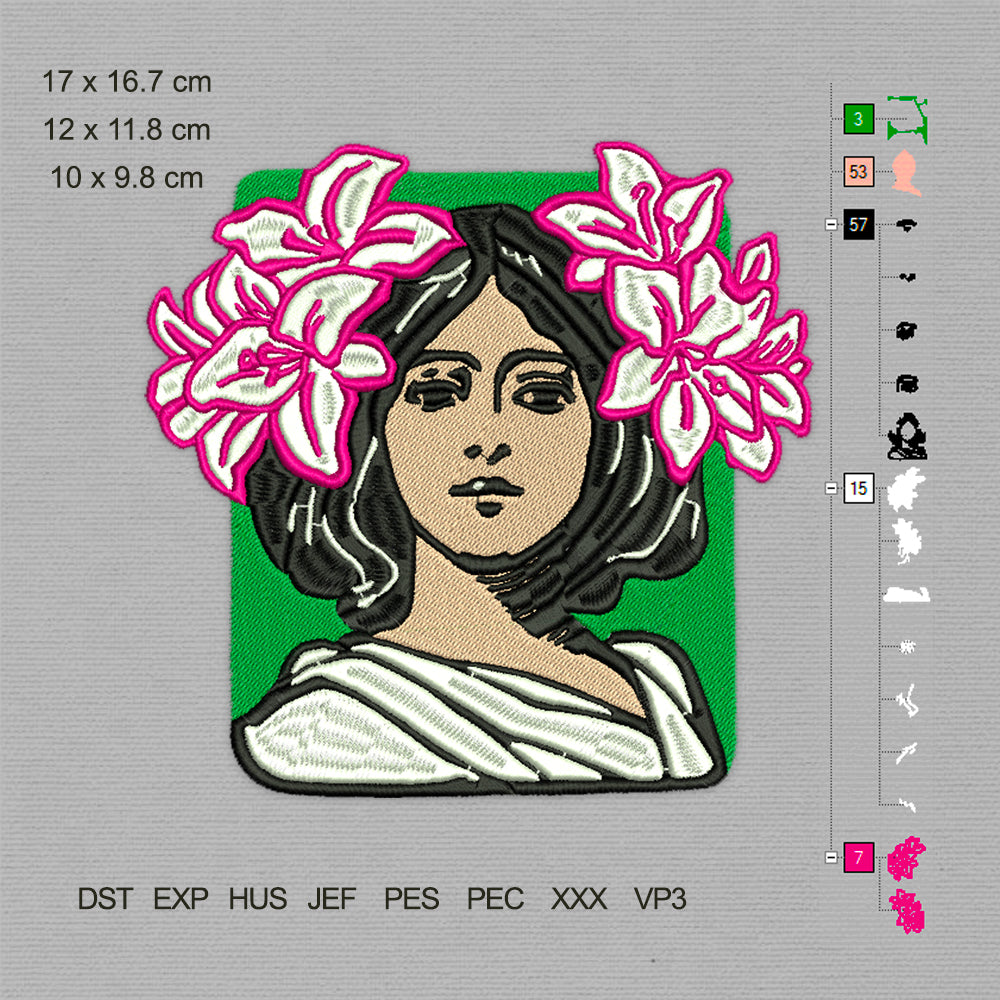 Portrait Girl Woman With White Lilies Flowers In Style Of Modern (Machine Embroidery Design) Digital Download #19