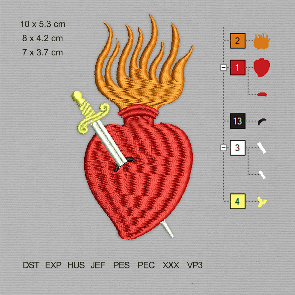 Flaming Heart With Sword (Machine Embroidery Design) Digital Download #16