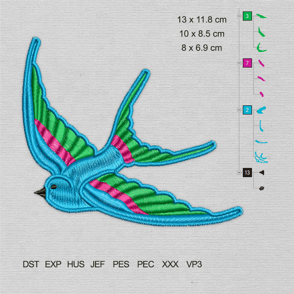 Blue Flying Bird Martlet Swallow (Machine Embroidery Design) Digital Download #133
